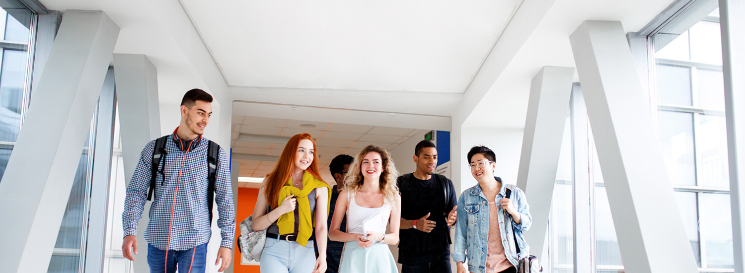 Group of students walking down hallway in school building